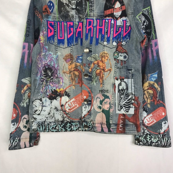 Sugarhill embroidery retro light wash 7 sins printed graphic denim jacket - Picture 4 of 10